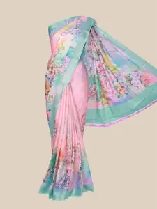 The Chennai Silks Pink & Turquoise Blue Floral Printed Linen Blend Saree