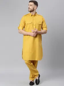 Hangup Men Mustard-Coloured Solid Regular Pathani Kurta With Pyjamas