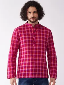 VASTRAMAY Men Pink Checked Thread Work Handloom Kurta