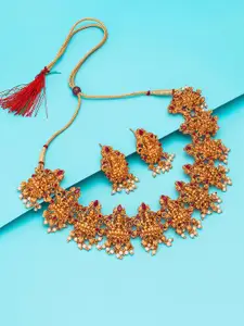 aadita Red & White-Toned Gold-Plated Stone Studded Handcrafted Necklace With Earrings