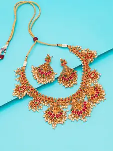 aadita Pink & Green-Toned & Gold-Plated Stone-Studded Handcrafted Necklace With Earrings