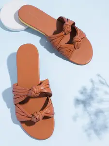 Mast & Harbour Women Tan Brown Solid Knot Design Open Toe Flats