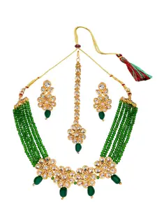 ANIKAS CREATION Green & White-Toned & Gold-Plated tudded Necklace Earrings & Maang Tikka