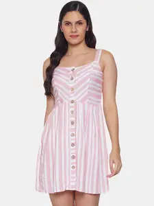 IX IMPRESSION Pink & White Striped Fit & Flare Dress