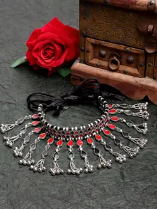 Moedbuille Women Silver-Toned & Red Brass  Meenakari Necklace