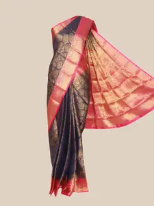 The Chennai Silks Navy Blue & Magenta Woven Design Jute Cotton Fusion Saree