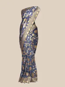 The Chennai Silks Grey & Navy Blue Woven Design Fusion Saree