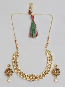 Anouk Cream-Coloured Gold-Plated Stone-Studded & Beaded Necklace Set