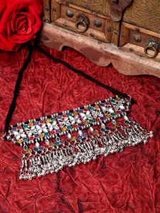 Moedbuille Women Multicoloured Silver-Plated Mirror Studded Tassel Afghan Choker Necklace