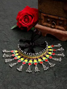Moedbuille Silver-Toned & Yellow Brass Silver-Plated Afghan Tasseled Meenakari Necklace