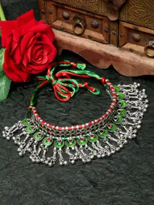 Moedbuille Silver-Toned & Green Brass Silver-Plated Meenakari Necklace
