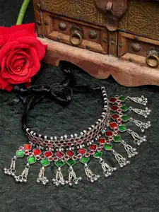 Moedbuille Women Silver & Red Meenakari Silver Plated Oxidised Choker Necklace