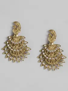 AccessHer Antique Gold-Plated White Peacock Shaped CZ Studded Filigree Drop Earrings