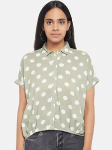 People Women Green & White Polka Dot Opaque Printed Casual Shirt
