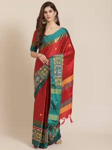SERONA FABRICS Red & Green Colourblocked Mirror Work Silk Cotton Ready to Wear Saree