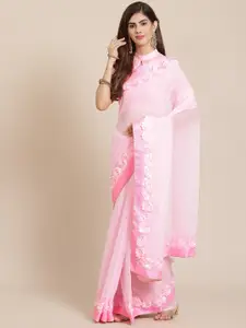 SERONA FABRICS Pink Floral Embellished Pure Georgette Saree