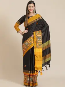 SERONA FABRICS Black & Mustard Yellow Ethnic Motifs Mirror Work Silk Cotton Saree
