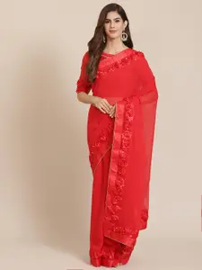 SERONA FABRICS Red Beads and Stones Pure Georgette Ready to Wear Saree
