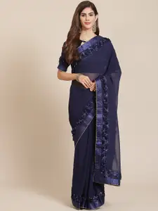 SERONA FABRICS Navy Blue Floral Embellished Pure Georgette Saree