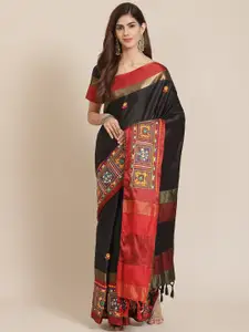 SERONA FABRICS Black & Red Colourblocked Mirror Work Silk Cotton Ready to Wear Saree