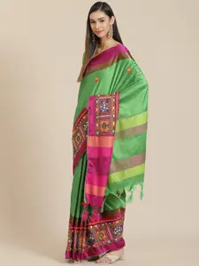 SERONA FABRICS Green & Pink Ethnic Motifs Mirror Work Silk Cotton Saree