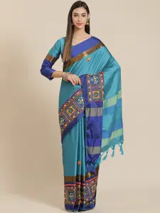 SERONA FABRICS Turquoise Blue Ethnic Motifs Embroidered Mirror Work Silk Cotton Saree