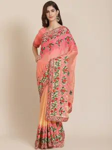 SERONA FABRICS Peach-Coloured Floral Embroidered Pure Chiffon Ready to Wear Saree