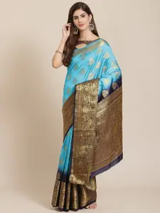SERONA FABRICS Turquoise Blue Ethnic Motifs Zari Silk Blend Banarasi Saree