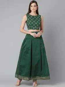 Purple State Women Green & Gold-Toned Embroidered Top with Pleated Skirt