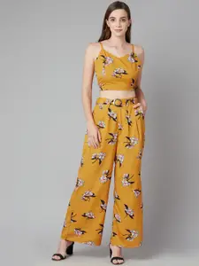 Purple State Women Mustard Printed Crop Top with Trousers