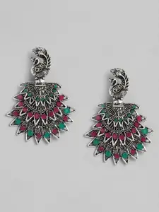 AccessHer Silver-Plated & Green Peacock Shaped Drop Earrings