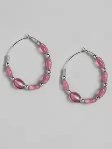 AccessHer Silver-Plated & Pink Circular Hoop Earrings