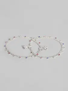 AccessHer Set Of 2 Silver-Toned Rhodium-Plated Rhinestone Stone-Studded Anklets