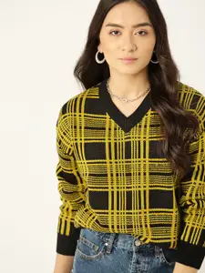 DressBerry Women Black & Yellow Checked Pullover