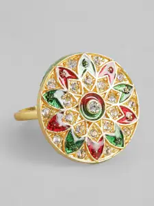 Anouk Red & Green Gold-Plated Stone-Studded Enamelled Floral Adjustable Finger Ring