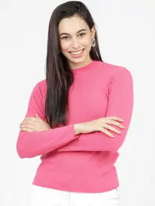 Basics By Tokyo Talkies Women Pink Ribbed Acrylic Pullover