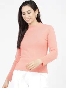 Basics By Tokyo Talkies Women Coral Pink Acrylic Pullover Sweater