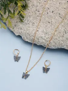 Celena Cole Grey-Toned & Gold-Plated Butterfly Shaped Necklace With Earrings