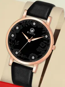 Rizzly Girls Black Brass Embellished Dial & Black Leather Straps Analogue Watch RZ-146