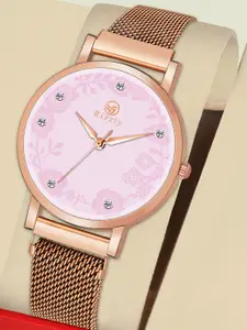 Rizzly Women Pink Flowered Brass Dial & Stainless Steel Wrap Around Straps Analogue Watch