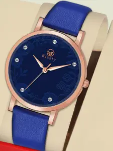 Rizzly Girls Blue Brass Embellished Dial & Blue Leather Straps Analogue Watch RZ-146
