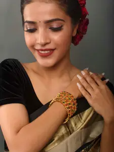 Fida Set Of 4 Gold Toned Green & Pink Stone Studded Bangles