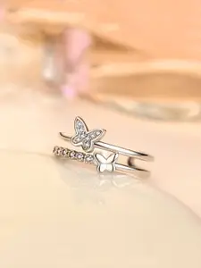 Yellow Chimes Rhodium-Plated & White CZ-Studded Adjustable Finger Ring