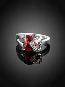 Yellow Chimes Rhodium-Plated & Red Crystal-Studded Finger Ring
