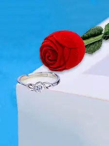 Yellow Chimes Women Silver- Toned Crystal Finger Ring With Velvet Red Rose Box
