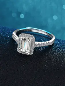 Yellow Chimes 925 Sterling Silver Rhodium-Plated Crystal Studded Adjustable Finger Ring