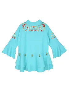 Ishin Blue & Red Floral Embroidered Peplum Top
