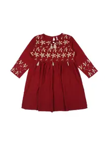Ishin Maroon Floral Embroidered Tie-Up Neck Cinched Waist Top