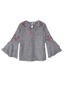 Ishin Grey Floral Embroidered Regular Top