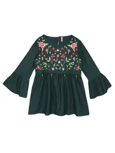 Ishin Women Green Floral Embroidered Cinched Waist Top